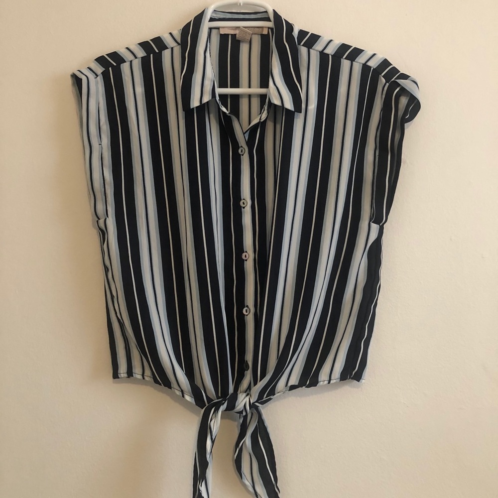 Blue and white tie blouse
